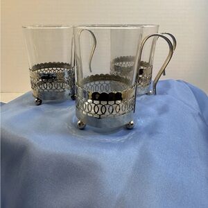 Vintage Duralex Tea Glasses Reticulated silver  plate Holders Set Of 3 French